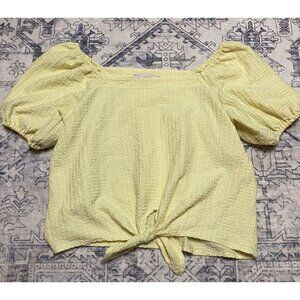 Yellow Puff Sleeve Tie-Front Textured Top By LOFT Size Medium Womens Cottagecore